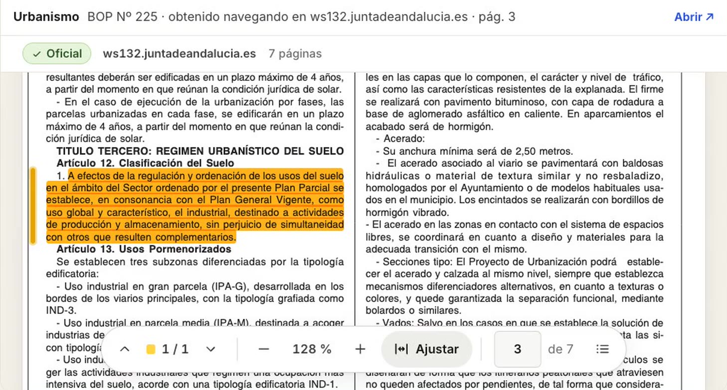 Poyntia's document viewer: page 3 of the official partial plan, reached on the Junta de Andalucía portal, with the sentence on land use highlighted